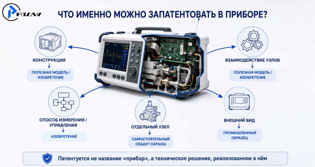 Что именно можно запатентовать в приборе? Что именно можно запатентовать в приборе?