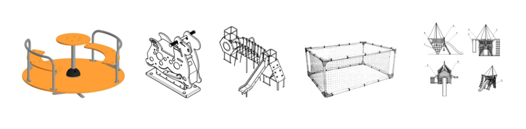 Примеры объектов для патентования: Игровые площадки для улиц и дома: качели, манежи, горки, игровая площадка