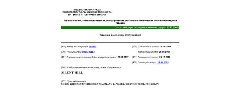 Товарный знак компании Konami "Silent Hill"