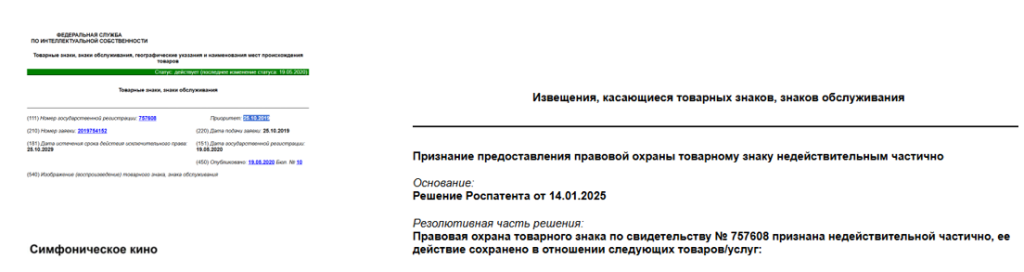 Уведомление о частичном прекращении действия прав товарного знака "Симфоническое кино"