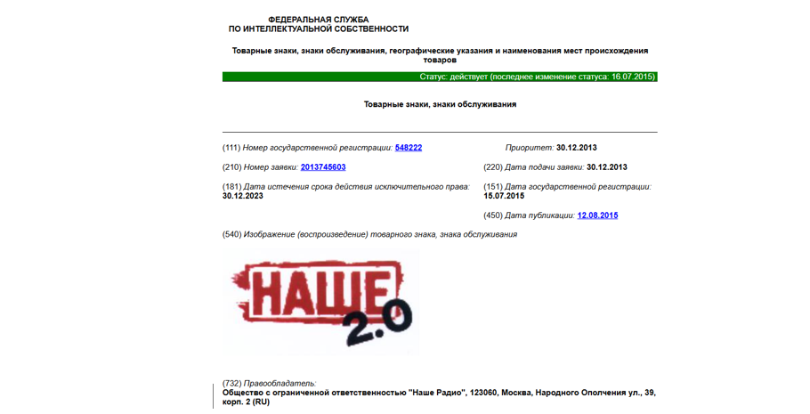 Товарный знак радиостанции «НАШЕ РАДИО»
