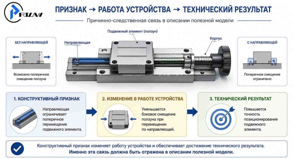 Признак → работа устройства → технический результат Признак → работа устройства → технический результат