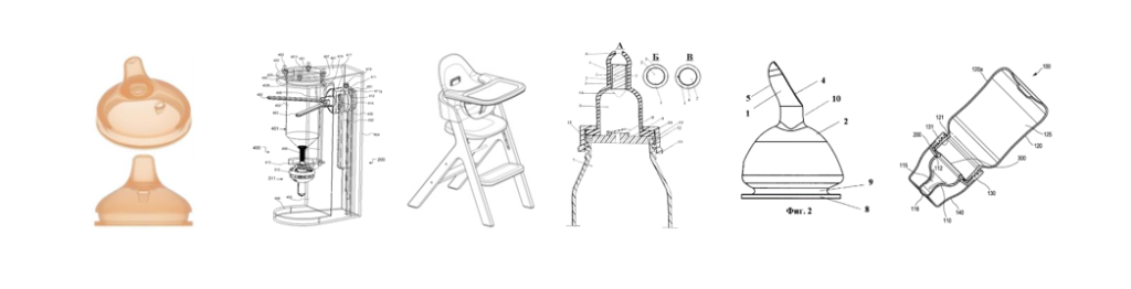 Примеры объектов для патентования: Предметы для кормления и ухода: бутылочки, стульчики, подгузники, соски